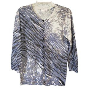 Joseph A. Cardigan Sweater Zebra Stripe Print Metallic Thin Knit 3/4 Sleeves